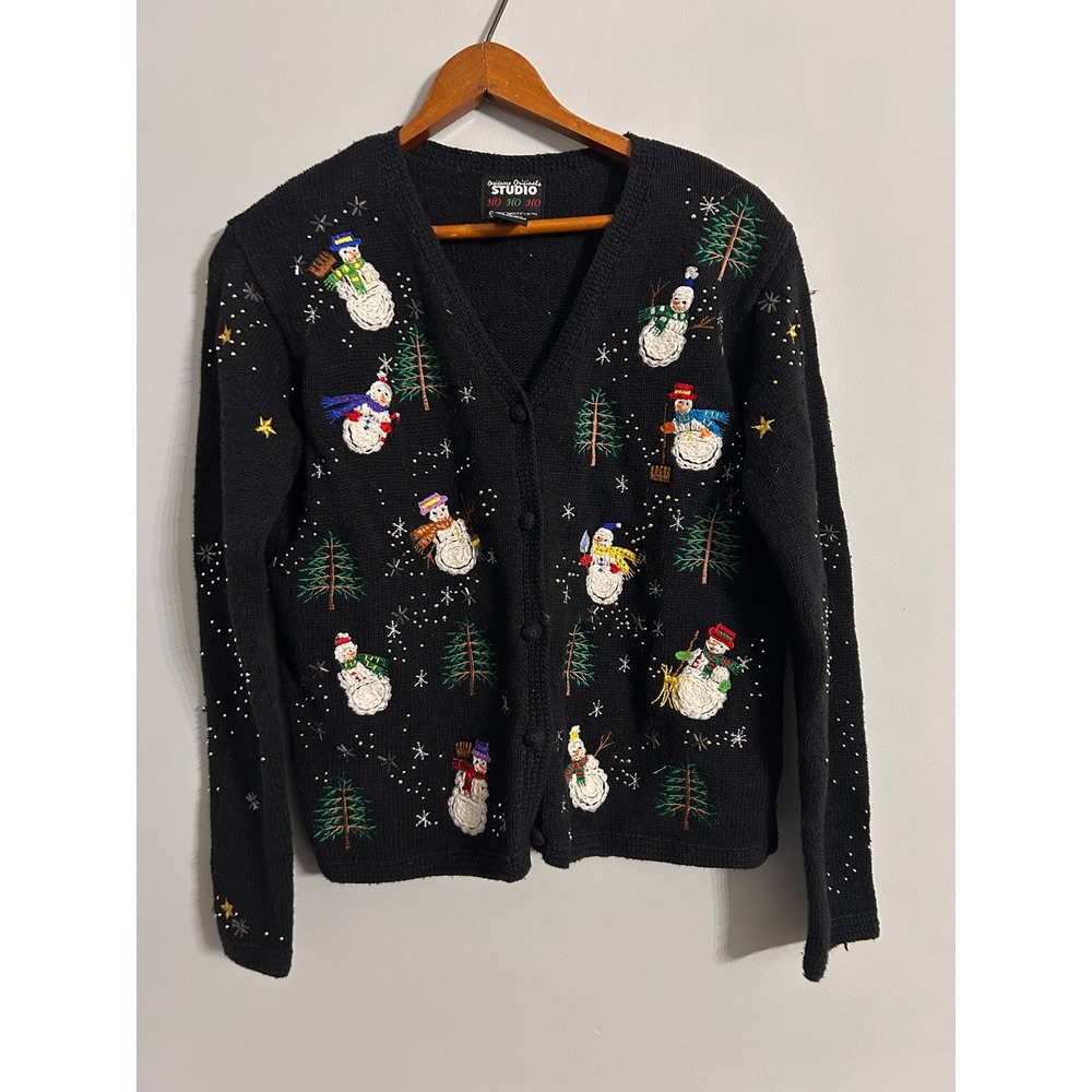 Designers Originals Studio Snowman Christmas Cardigan Black Beaded Sweater P/S